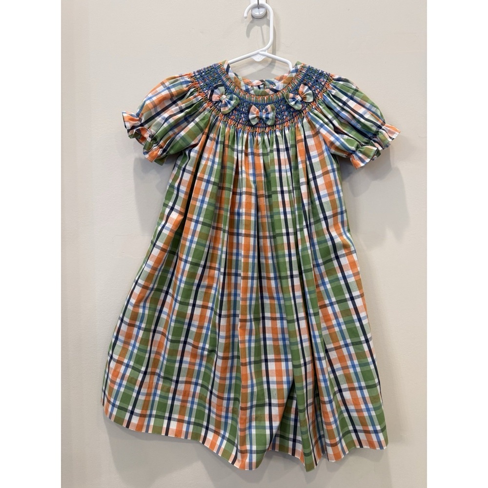 DeLaney Toddler Girls Plaid Bow Dress Blue, Orange, Green Size 3T